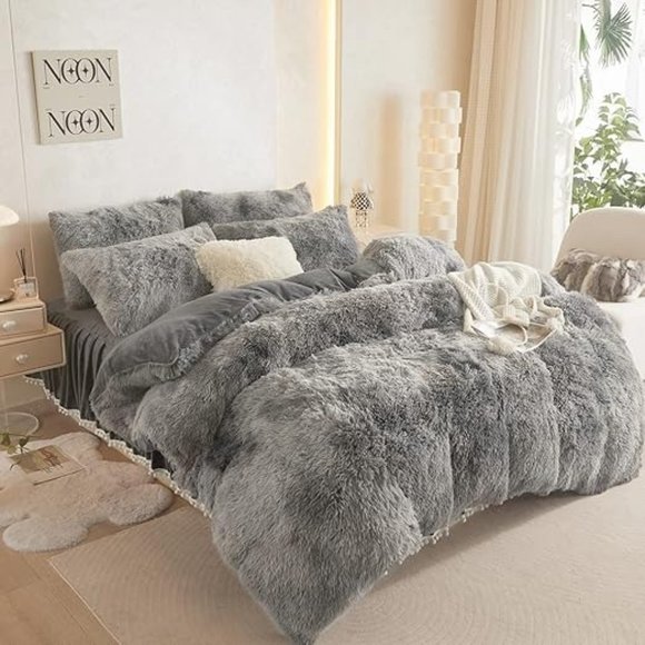 QUEEN ONLY   Fluffy  Comforter Cover Set Faux Fur Green Bedding 3 Pieces… - Picture 8 of 15